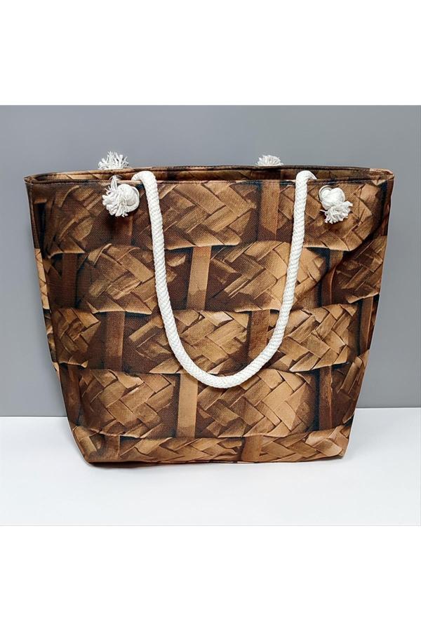 Avior Collection Ahşap Örme Desenli Plaj Çantası - Image 1