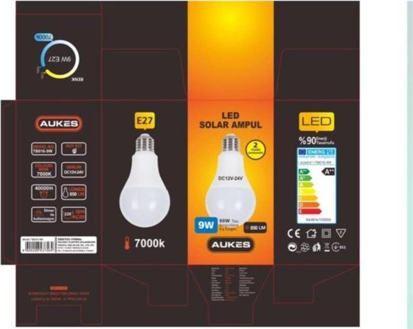 Aukes Dc 12V-24V Led Ampul 9 W E 27 Duy Beyaz Işık 810 Lümen Solar Ampul - Image 1