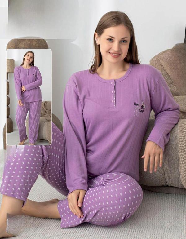 Lindros Kadın Pamuk'lu Düğme Yaka Raporlu İnterlok KIŞLIK Battal Pijama Takımı 05143 - 1 Adet - Image 1