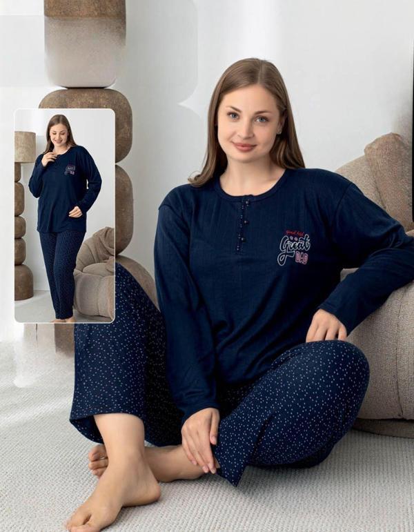 Lindros Kadın Pamuk'lu Düğme Yaka Raporlu İnterlok KIŞLIK Battal Pijama Takımı 05147 - 1 Adet - Image 1