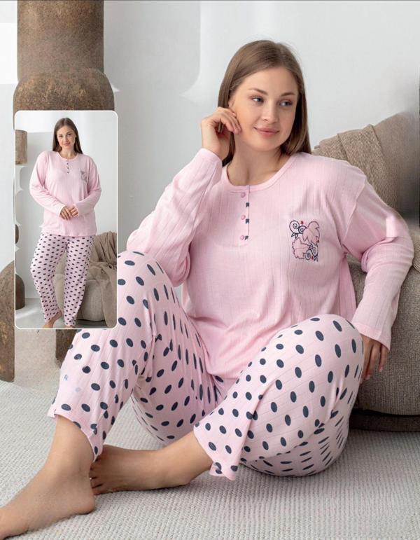 Lindros Kadın Pamuk'lu Düğme Yaka Raporlu İnterlok KIŞLIK Battal Pijama Takımı 05151 - 1 Adet - Image 1
