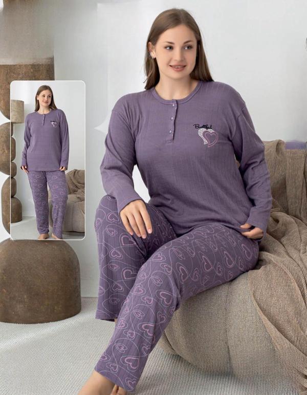 Lindros Kadın Pamuk'lu Düğme Yaka Raporlu İnterlok KIŞLIK Battal Pijama Takımı 05146 - 1 Adet - Image 1