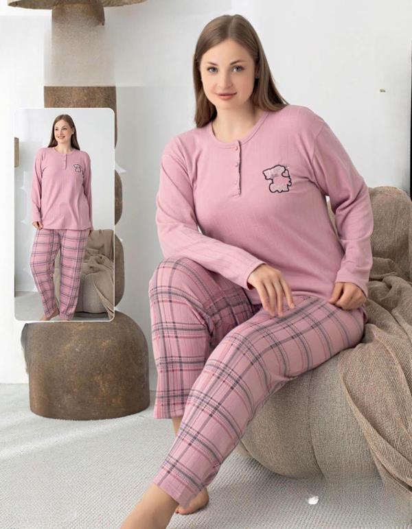Lindros Kadın Pamuk'lu Düğme Yaka Raporlu İnterlok KIŞLIK Battal Pijama Takımı 05148 - 1 Adet - Image 1