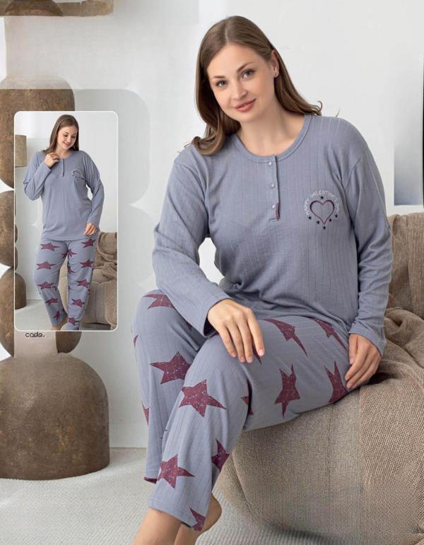 Lindros Kadın Pamuk'lu Düğme Yaka Raporlu İnterlok KIŞLIK Battal Pijama Takımı 05144 - 1 Adet  - Image 1