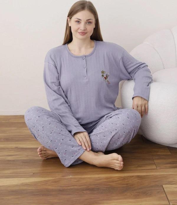 Lindros Kadın Pamuk'lu Düğme Yaka Raporlu İnterlok KIŞLIK Battal Pijama Takımı 05113 - 1 Adet  - Image 1