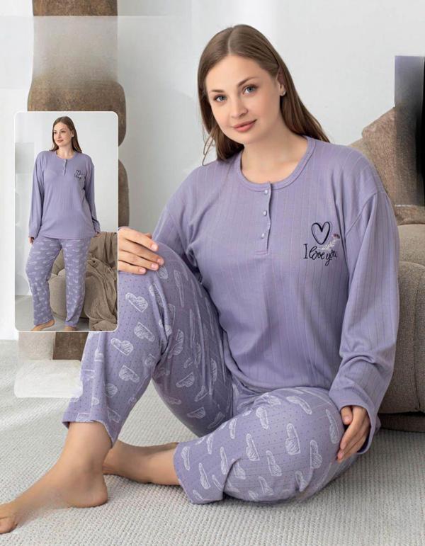 Lindros Kadın Pamuk'lu Düğme Yaka Raporlu İnterlok KIŞLIK Battal Pijama Takımı 05150 - 1 Adet - Image 1