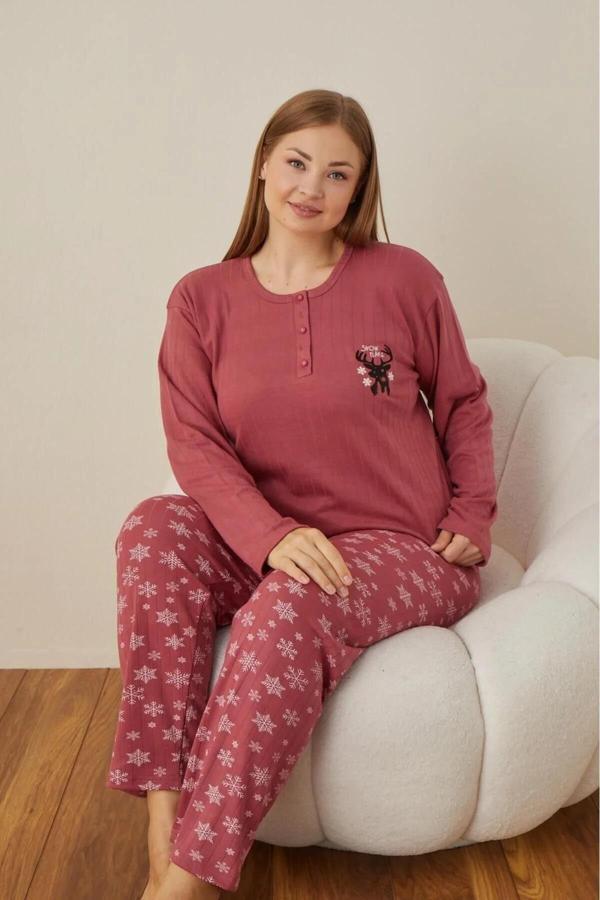 Lindros Kadın Pamuk'lu Düğme Yaka Raporlu İnterlok KIŞLIK Battal Pijama Takımı 05101 - 1 Adet  - Image 1