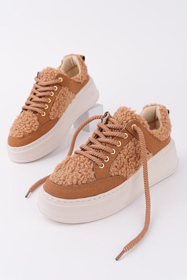 Muggo FLEECY Kalın Taban Bağcıklı Peluş Detaylı Kadın Kışlık Sneaker Spor Ayakkabı - Image 1