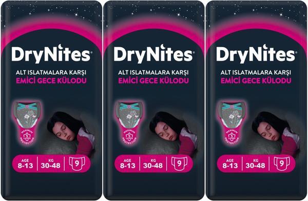 Drynites Emici Gece Külodu/Külot Bez Kız 8-13 Yaş 30-48KG Large 27 Adet 3PK*9 Alt Islatmalara Karşı - Image 1