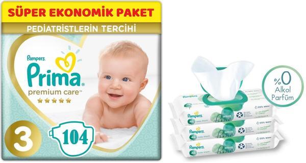 Prima Premium Care Bebek Bezi Beden:3 (6-10Kg) Midi 104 Adet + 3 Lü Mendil Süper Ekonomik Pk - Image 1