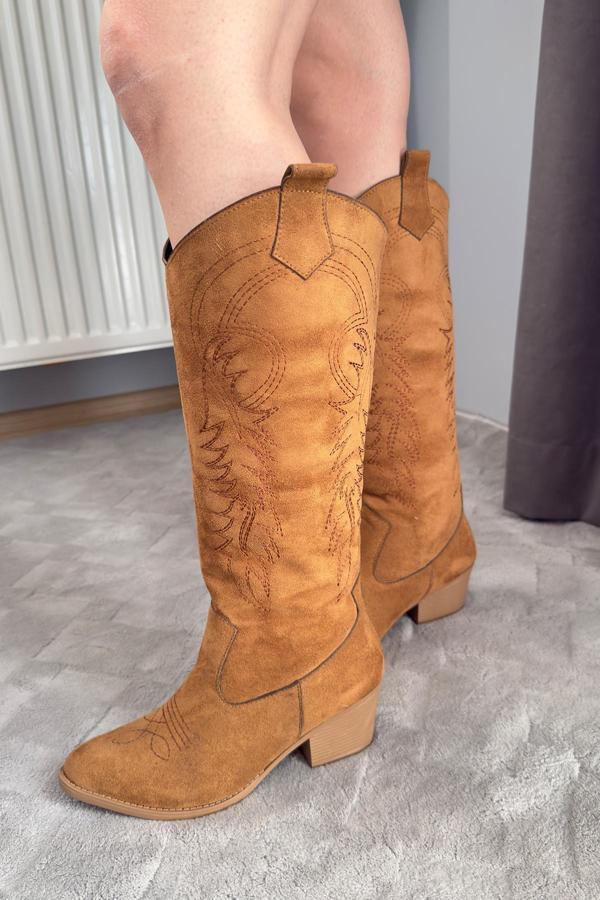 Kadın Jasire Taba Süet Nakışlı Western Kovboy Cowgirl Bot Çizme - Image 1