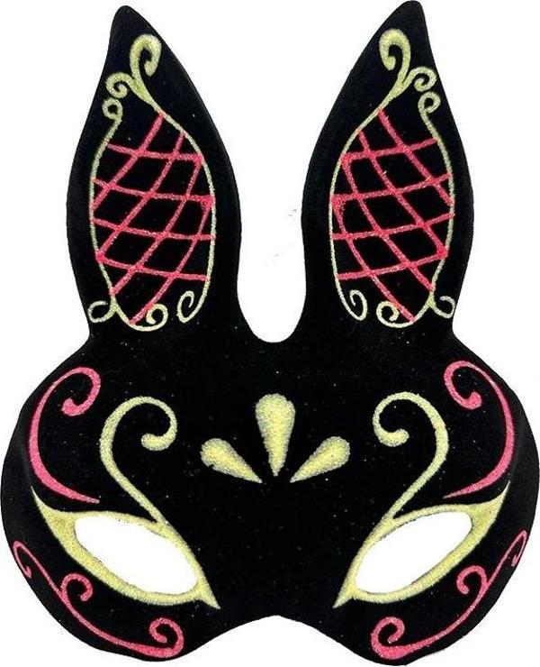 NessiWorld Siyah Renk Kırmızı Gold Simli Siyah Süet Kaplama Tavşan Maskesi 18x16 cm - Image 1