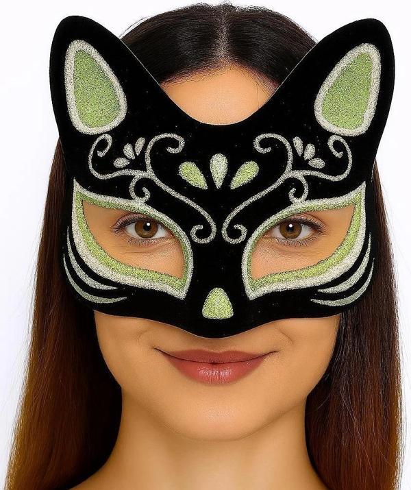 NessiWorld Siyah Renk Üzeri Gümüş Yeşil Simli Süet Kaplama Kedi Maskesi 17x14 cm - Image 1