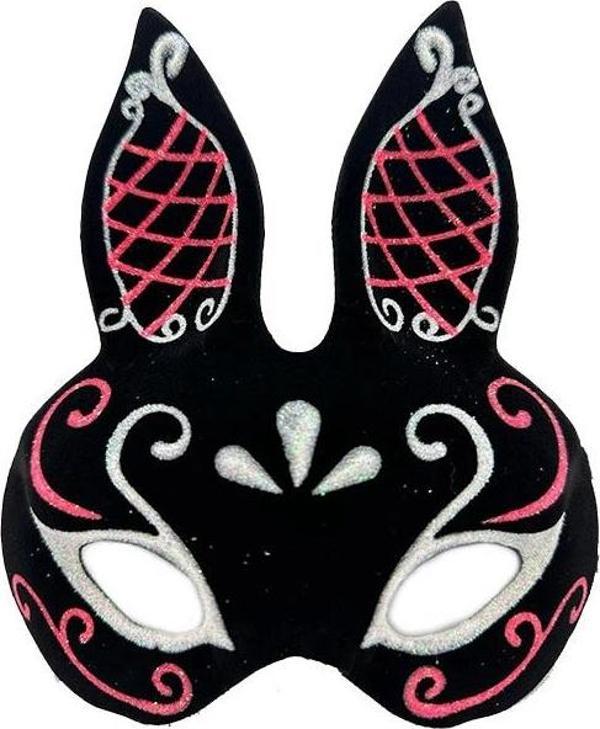 NessiWorld Siyah Renk Kırmızı Beyaz Simli Siyah Süet Kaplama Tavşan Maskesi 18x16 cm - Image 1