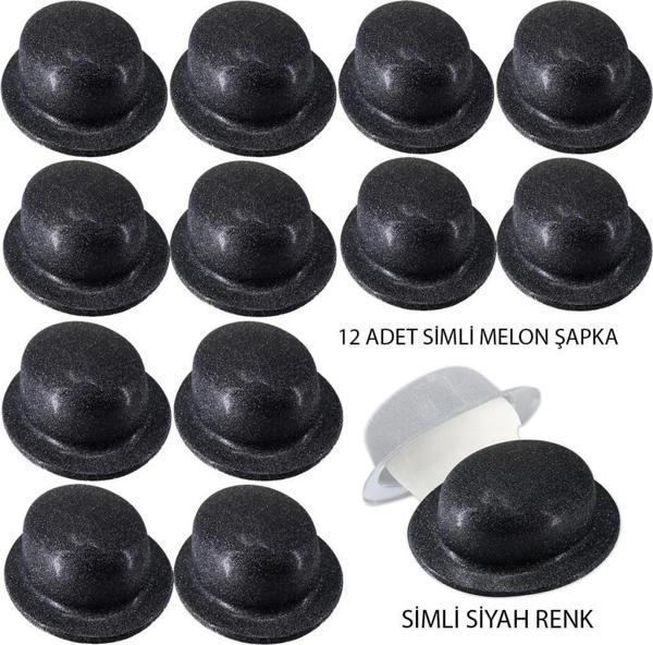 Nessiworld   Siyah Renk Simli Melon Yuvarlak Parti Şapkası 12 Adet - Image 1