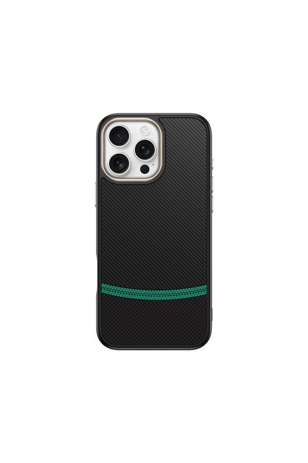 Ardemix İphone 16 Pro Kılıf M-Safe Şarj Özellikli Karbon Fiber Görünümlü Wnx Antina Kapak - Siyah-Yeşil - Image 1