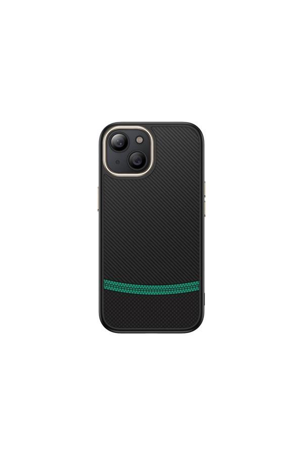Kılıftech İphone 15 Plus Kılıf M-Safe Şarj Özellikli Karbon Fiber Görünümlü Kth Antina Kapak - Siyah-Yeşil - Image 1