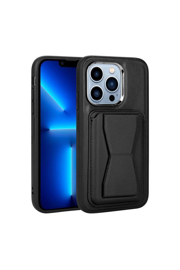 Kılıftech İphone 12 Pro Max Uyumlu Kartlıklı Standlı Pu Deri Zore Memo Kılıf-Siyah - Image 1