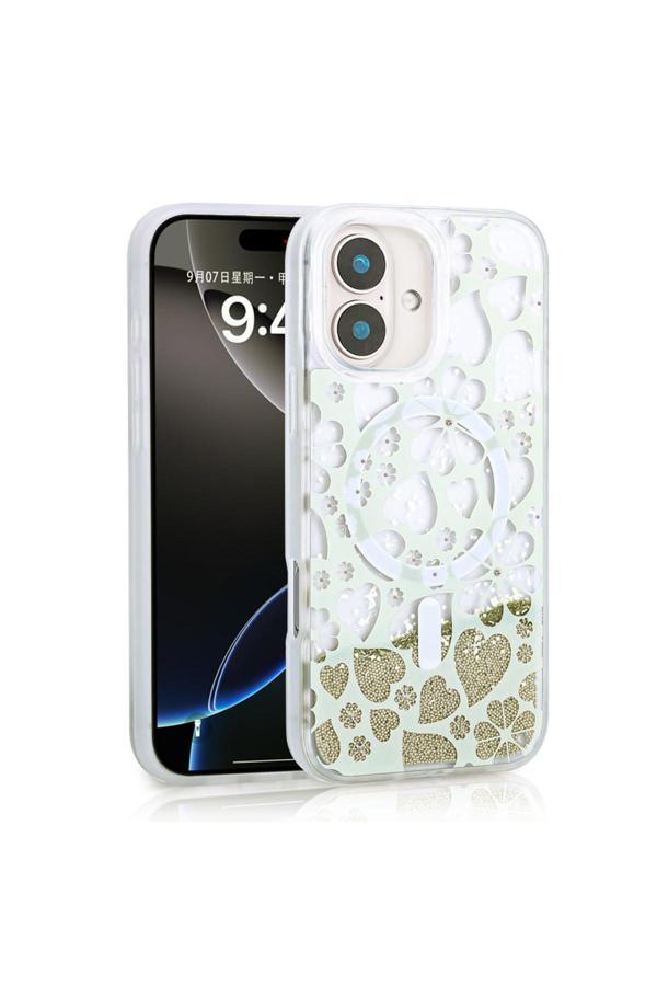 Kılıftech İphone 16 Uyumlu Kılıf Sıvılı Simli Baskılı Şeffaf Arka Yüzey Zore Mossa Silikon Kapak-Gold - Image 1
