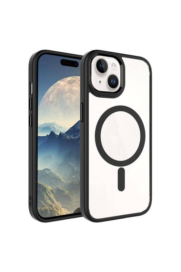 Kılıftech İphone 15 Plus Uyumlu Wireless Şarj Özellikli Zore Krom Magsafe Silikon Kılıf-Siyah - Image 1