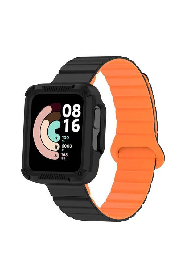 10Line Aksesuar Xiaomi Redmi Watch 1 Silikon Kordon Zore Krd-105 Strap Kayış-Siyah-Turuncu - Image 1