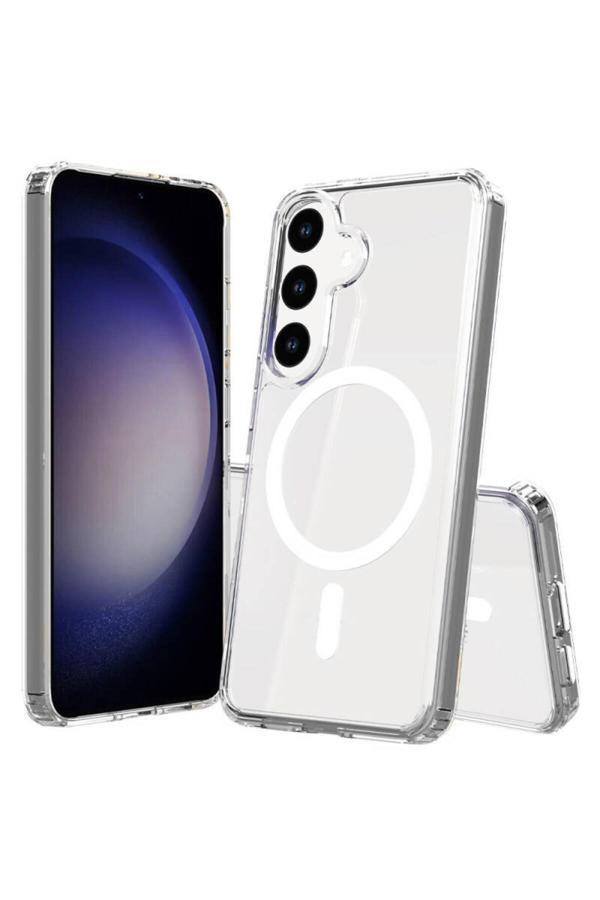 Kılıftech Galaxy S25 Kılıf Magsafe Şarj Özellikli Şeffaf Sert Pc Zore Embos Kapak - Şeffaf - Image 1