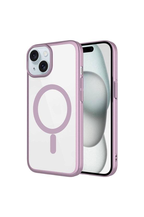 Kılıftech İphone 15 Plus Uyumlu Wireless Şarj Özellikli Sert Pc Zore Mat Riksos Magsafe Kılıf-Pembe - Image 1