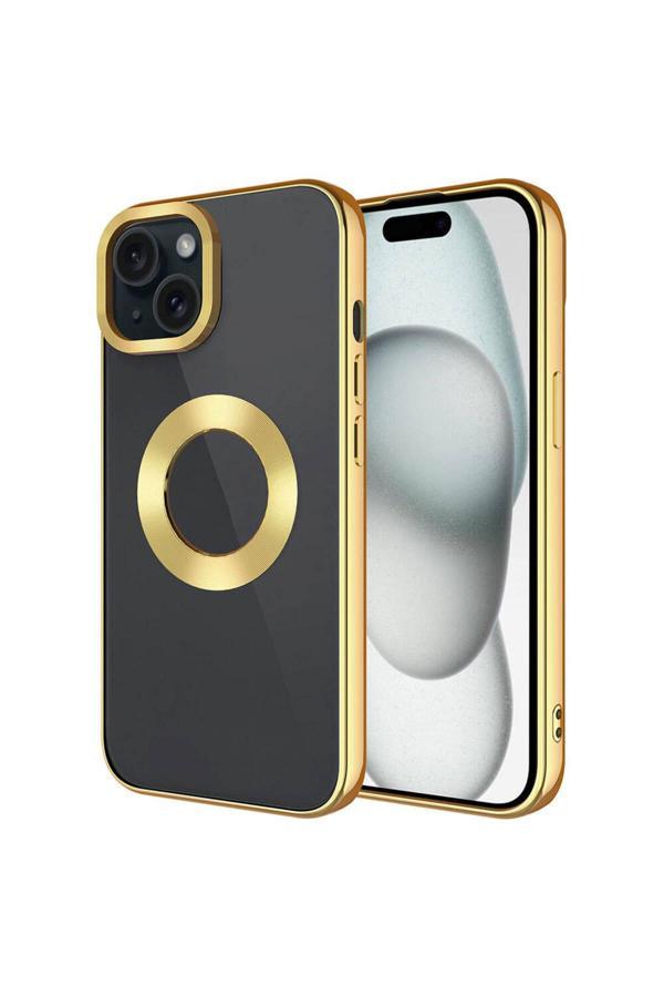 Zore İphone 15 Uyumlu Tek Kamera Çerçeveli Logo Gösteren Omega Kılıf-Gold - Image 1