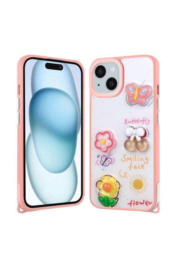 Kılıftech İphone 15 Plus Kılıf Parlayan Sıvılı Simli Kabartma Figürlü Zore Cevze Kapak-Pembe - Image 1
