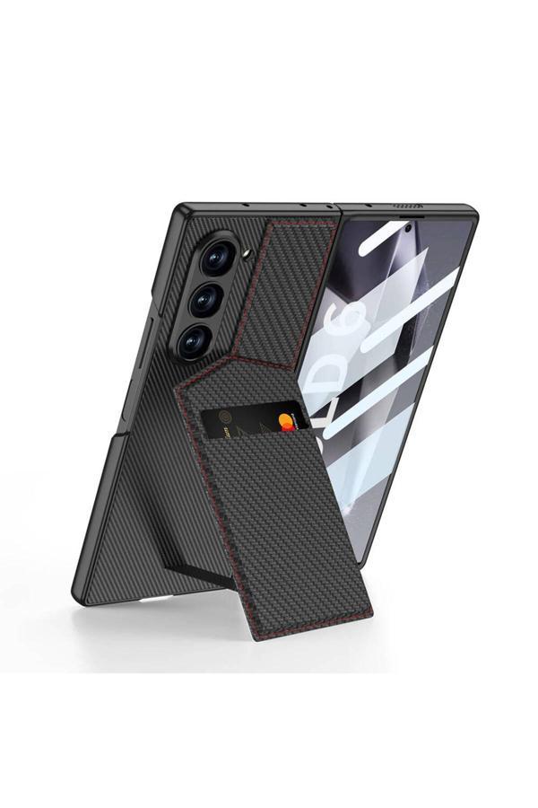 Kılıftech Galaxy Z Fold 6 Kılıf Karbon Fiber Kartlıklı Zore Kıpta Dik Açılan Kartlıklı Kapak-Siyah - Image 1