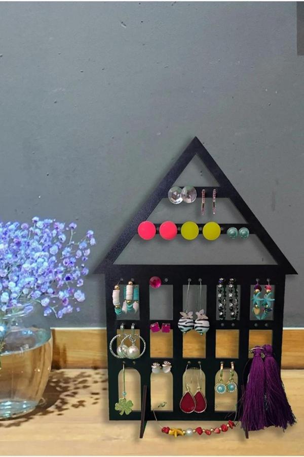 Ahşap Takı Standı Ev Şeklinde Takı Askısı Küpe Standı Takı Organizeri - Image 1