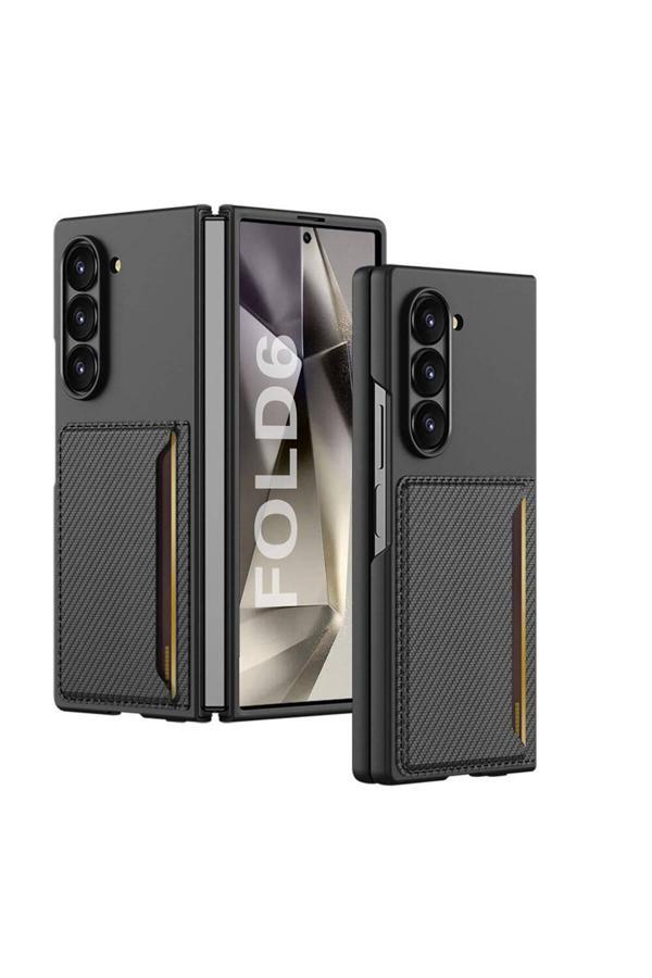 Kılıftech Galaxy Z Fold 6 Karbonfiber Arka Yüzey Zore Kartlıklı Z-Kart Kıpta Sert Kapak-Siyah - Image 1