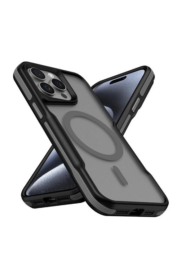 Kılıftech İphone 15 Pro Max Uyumlu Magsafe Şarj Özellikli Renkli Kenar Airbag Şeritli Zore Lamer Kapak-Gri - Image 1