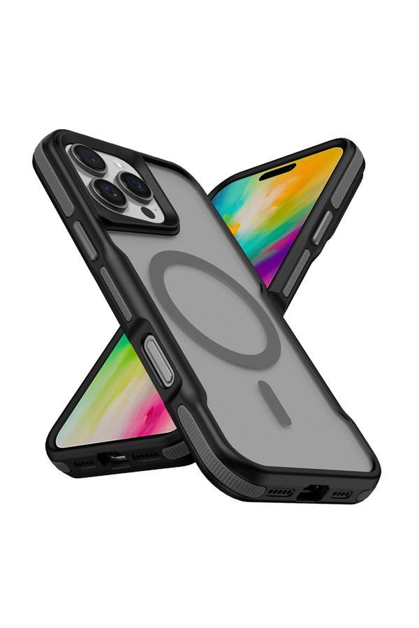 Kılıftech İphone 16 Pro Max Uyumlu Magsafe Şarj Özellikli Renkli Kenar Airbag Şeritli Zore Lamer Kapak-Gri - Image 1