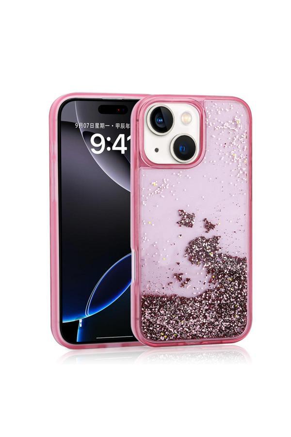Kılıftech İphone 15 Uyumlu Kılıf Sıvılı Simli Şeffaf Arka Yüzey Zore Keto Silikon Kapak-Pembe - Image 1