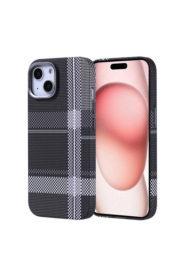 Kılıftech İphone 15 Kılıf Magsafe Şarj Özellikli Karbon Fiber Görünümlü Zore Nekst Kapak - Gri-Siyah - Image 1