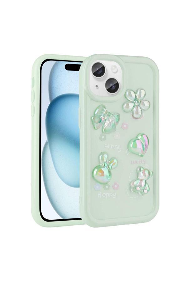 Kılıftech İphone 15 Uyumlu Kabartma Figürlü Parlak Zore Toys Silikon Kılıf-Açık Yeşil - Image 1