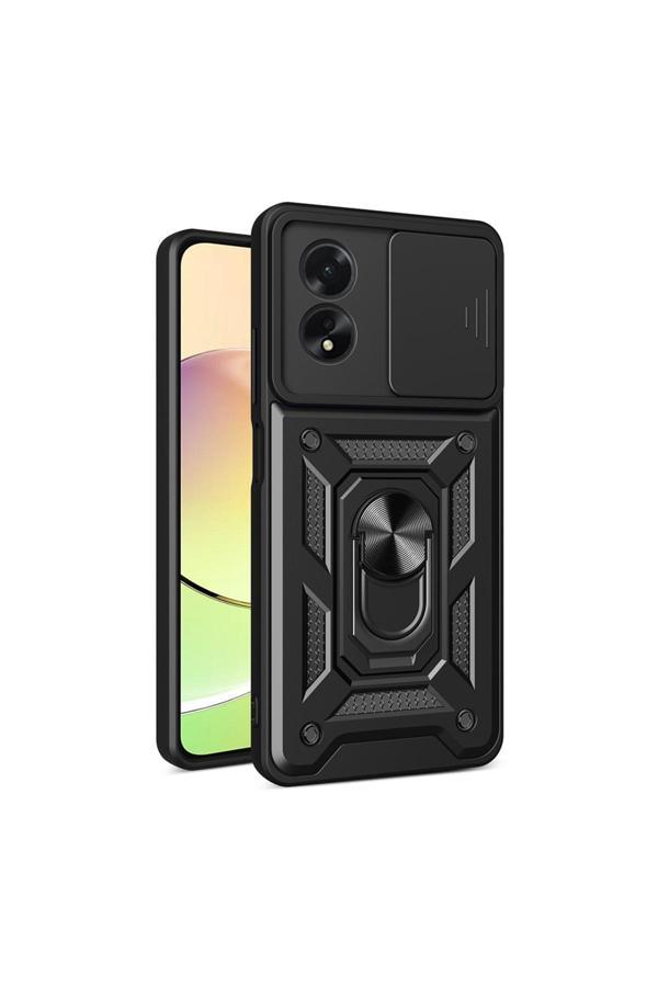 Kılıftech Oppo A38 Uyumlu Magnetik Standlı Kamera Korumalı Zore Sürgülü Vega Kapak-Siyah - Image 1
