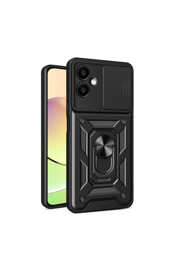 Kılıftech Galaxy A06 Uyumlu Magnetik Standlı Kamera Korumalı Zore Sürgülü Vega Kapak-Siyah - Image 1