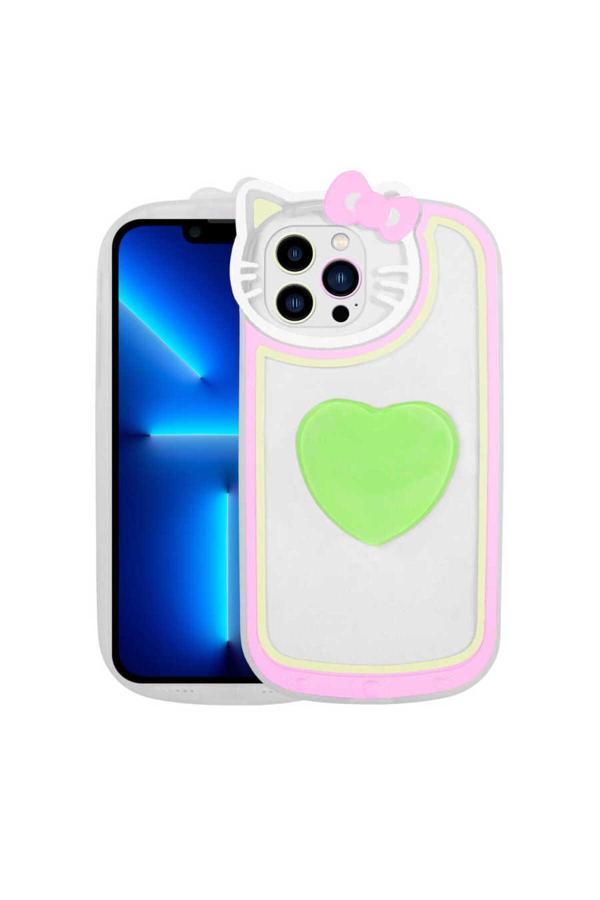 Kılıftech İphone 12 Pro Uyumlu Kedi Figürlü Transparan Pop Soketli Zore Ritmik Kılıf-Yeşil - Image 1