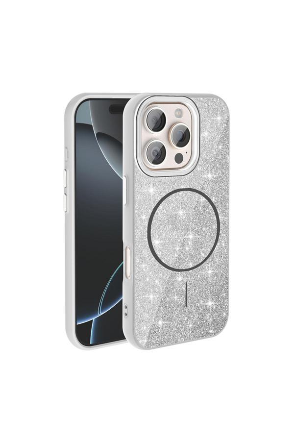 Kılıftech İphone 16 Pro Kılıf Magsafe Şarj Özellikli Parlayan Simli Zore Okso Kapak - Beyaz - Image 1