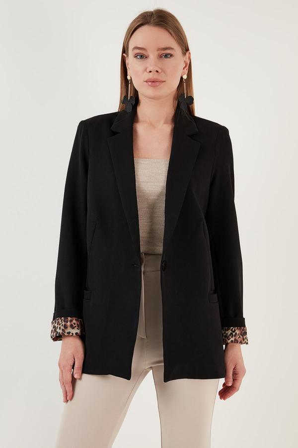 Lela Mono Yaka Rahat Kesim Astarı Leopar Desenli Klasik Bayan Ceket 6524002 SİYAH - Image 1