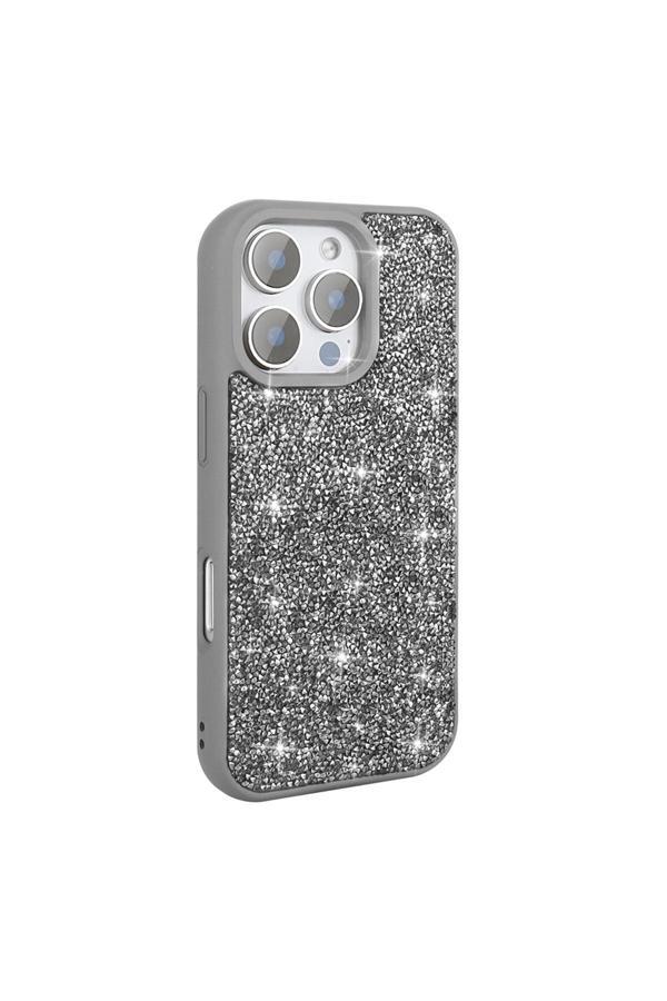 Kılıftech İphone 16 Pro Kılıf Parlak Taşlı Tasarım Zore Pırlanta Kapak - Gri - Image 1