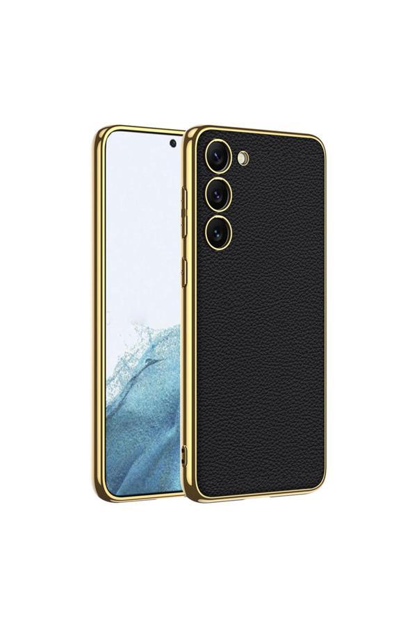 Tuva Teknoloji Galaxy S23 Plus Uyumlu Deri Görünümlü Kenarları Elektroplating Kaplama Tuva Fizyon Kılıf-Siy - Image 1