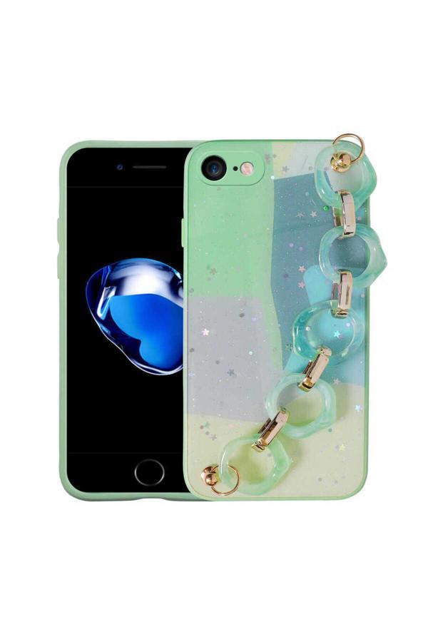 Safa İphone Se 2022 Uyumlu Simli Desenli El Askılı Tutacaklı Zore Elsa Silikon Kılıf-Yeşil - Image 1