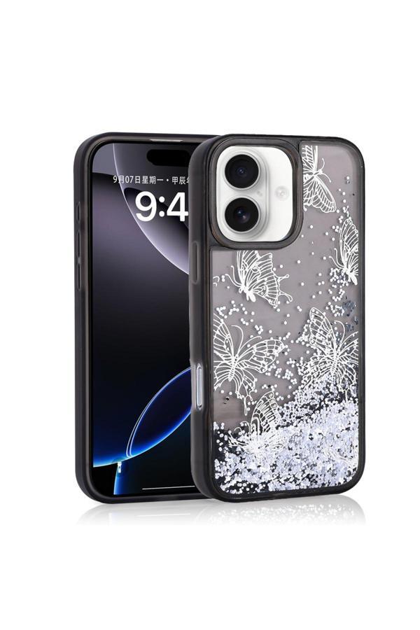 Zore İphone 16 Kılıf Sıvılı Simli Kelebek Baskılı Şeffaf Arka Yüzey Glis Silikon Kapak - Siyah - Image 1