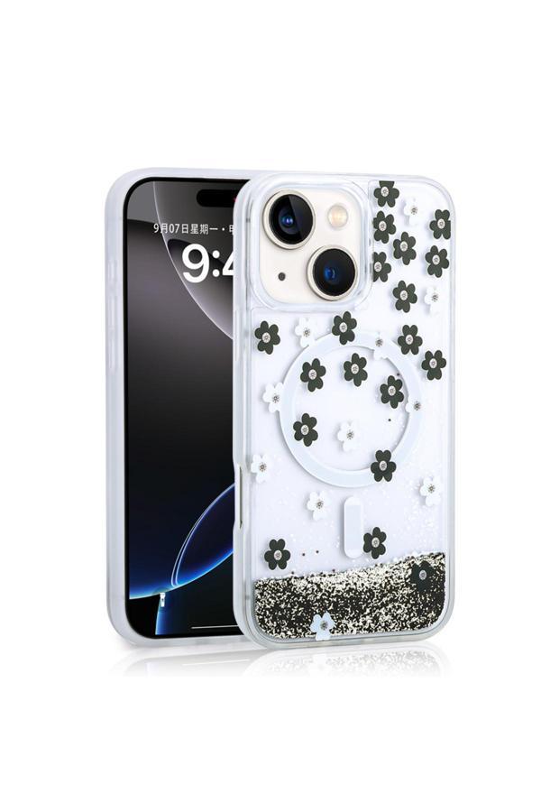 Zore İphone 15 Kılıf Sıvılı Simli Baskılı Şeffaf Arka Yüzey Zore Mossa Silikon Kapak - Siyah - Image 1