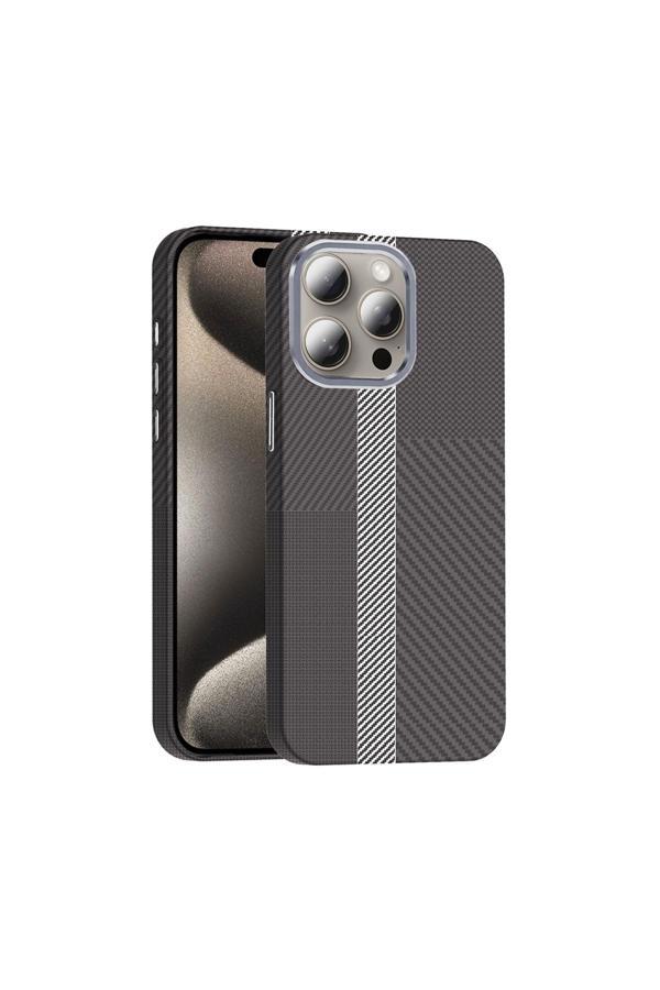 Kılıftech İphone 15 Pro Kılıf Magsafe Şarj Özellikli Karbon Fiber Görünümlü Kth Gros Kapak - Gri-Siyah - Image 1