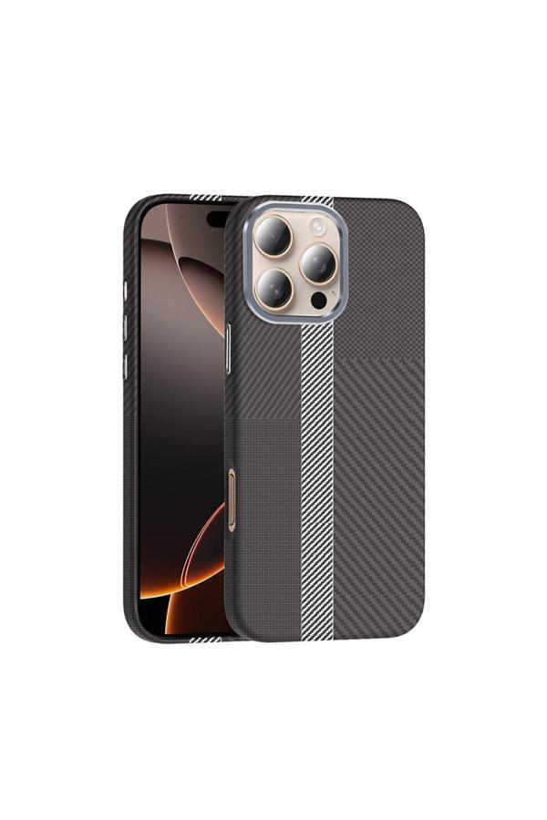 Kılıftech İphone 16 Pro Max Kılıf Magsafe Şarj Özellikli Karbon Fiber Görünümlü Kth Gros Kapak - Gri-Siyah - Image 1