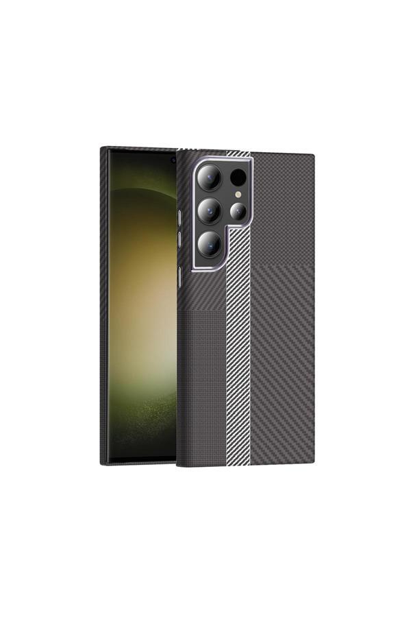 Lexroo Galaxy S23 Ultra Kılıf M-Safe Şarj Özellikli Karbon Fiber Görünümlü Wnx Gros Kapak - Gri-Siyah - Image 1